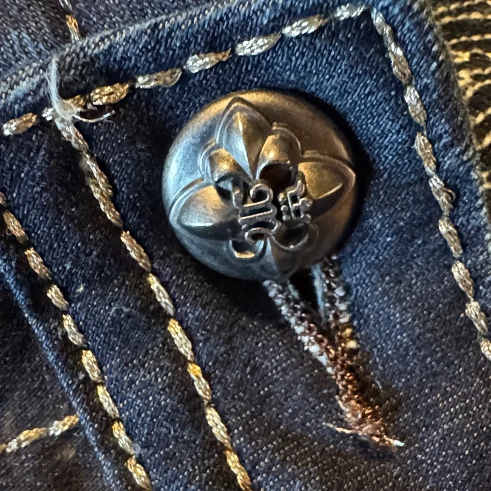 Miss Me Dark Blue Embroidered Bootcut Jeans with Gold Accents - Picture 6 of 12